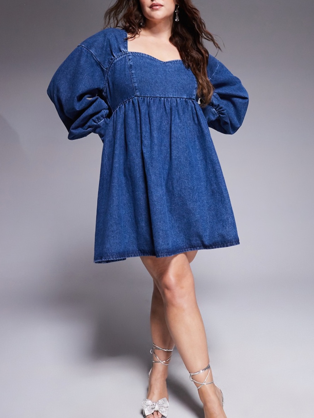 ASOS Luxe Curve Denim Baby Doll Long Sleeve Mini Dress with Bow Back Blue 16